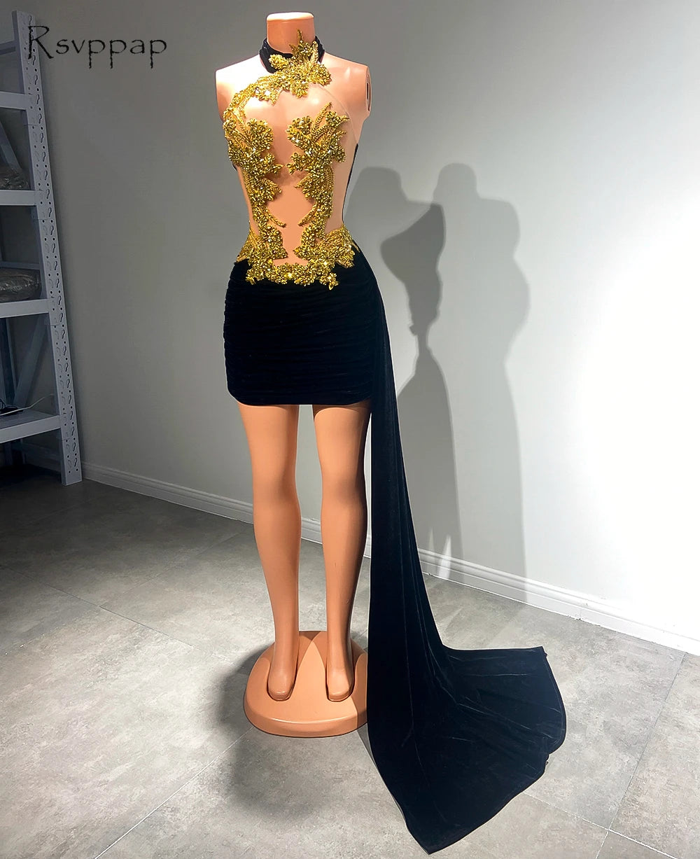 Sexy Women Cocktail Gowns High Neck Luxury Gold Crystals Velvet Mini