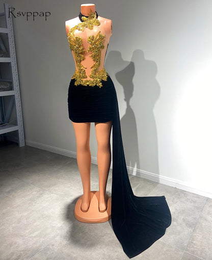 Sexy Women Cocktail Gowns High Neck Luxury Gold Crystals Velvet Mini