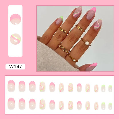 24pcs/Box Ballerina Nail Tip Purple with Design Manicure Patches Fresh Floral Almond False Nails Press on Med Nails Detachable