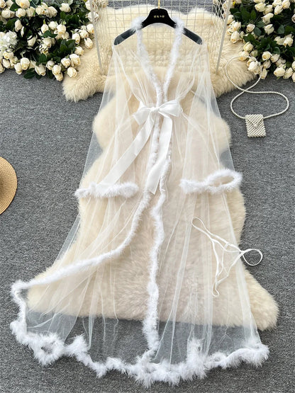 SINGREINY Transparent Gauze Spliced Wool Long Robes Sleepwear Women Lace Up Long Sleeve Robes Fashion Sheer Sexy Cardigan Robes