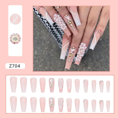 24pcs Artifical Fake Nails Long Coffin French Ballerina Wearable False Nail Tips Finished Rhinstones Flower Design Press on Nail