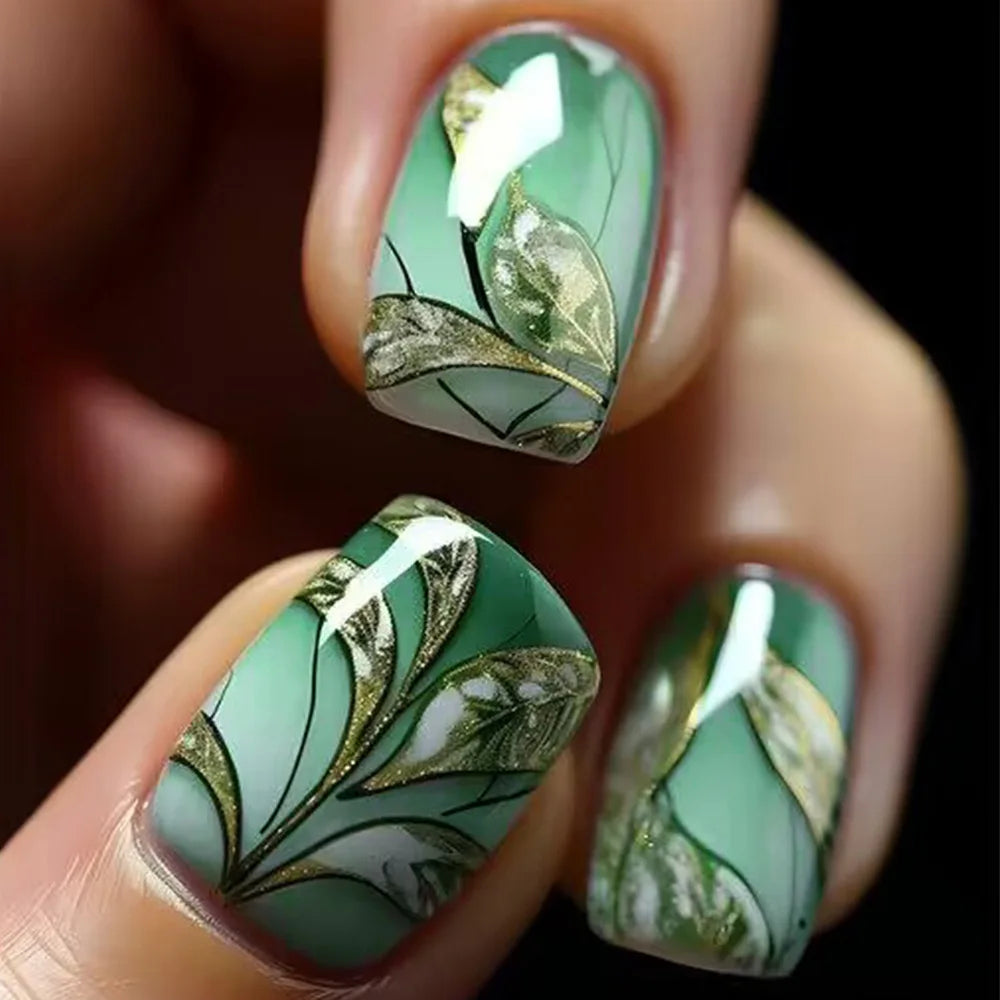 24pcs/set short square Glossy Medium Ballerina Fake Nails jellyfish blue sea wave flowers geometric design press on false nail