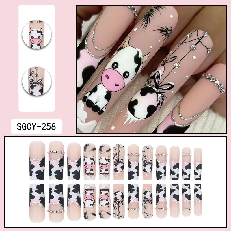 24 Pieces of Long Coffins with Cow Patterns, French Pattern, Diamond Frosted Fake Nails&1 Nail File and 1 Fruit