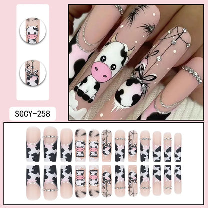 24 Pieces of Long Coffins with Cow Patterns, French Pattern, Diamond Frosted Fake Nails&1 Nail File and 1 Fruit