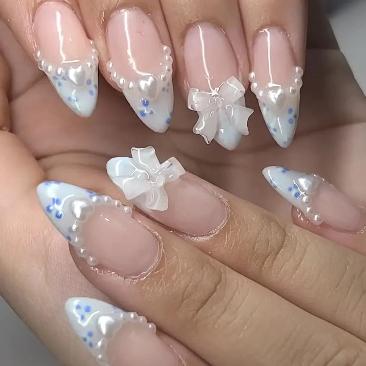 24Pcs Pink Almond French Press on Nails With 3D Bow ripple charms Design Fake Nails Ballerina False Nails Full Cover Nail Tips