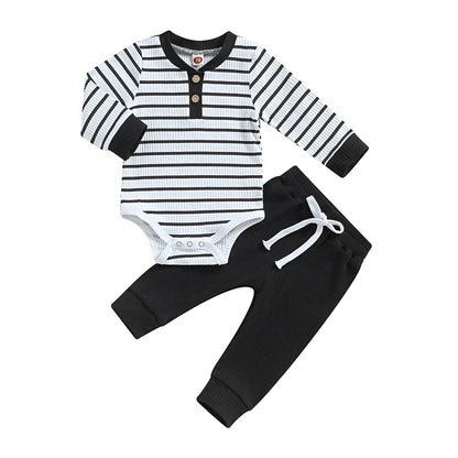 Newborn Baby Boys Girl Fall Winter Clothes Ribbed Knitted Long Sleeve Romper Solid Long Pants Cotton Infant Outfits