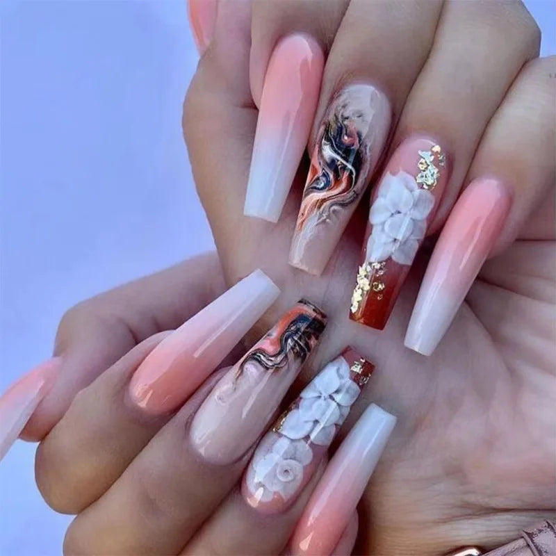 24Ps Super Long Ballet Wearable Fake Nails Blue Diamond Small Flower Press on Nail Stickers Finished Removable False Nail Pieces