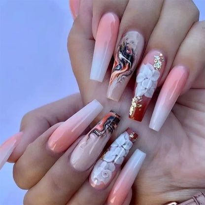 24Ps Super Long Ballet Wearable Fake Nails Blue Diamond Small Flower Press on Nail Stickers Finished Removable False Nail Pieces