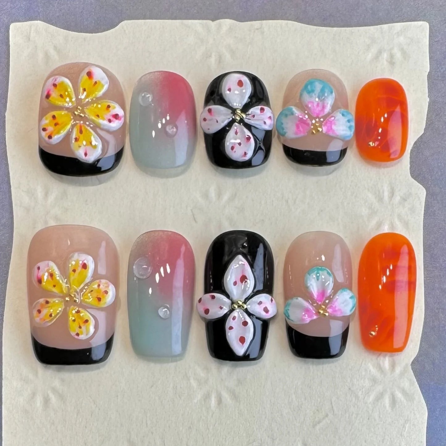 10pcs Black Pink French Style With Hand Painted 3D Flower Designs