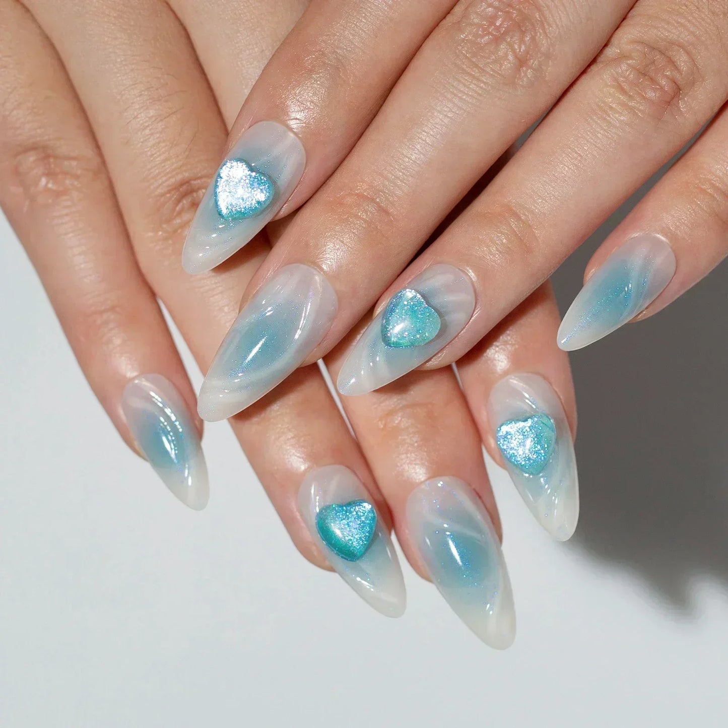 24Pcs Short Round Head Almond Fake Nails with Flowers Grass Pattern Wearable False Nails Tips Summer Full Cover Press on Nails