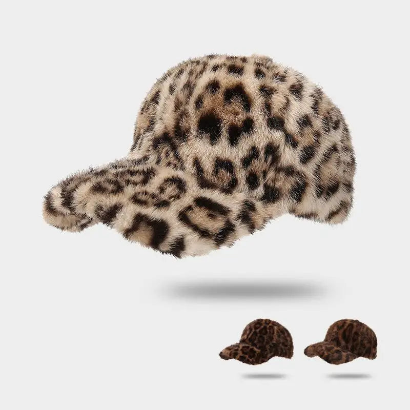 Leopard Print Baseball Cap Women Plush Faux Fur Keep Warm Winter Women's Cap Outdoor Vintage