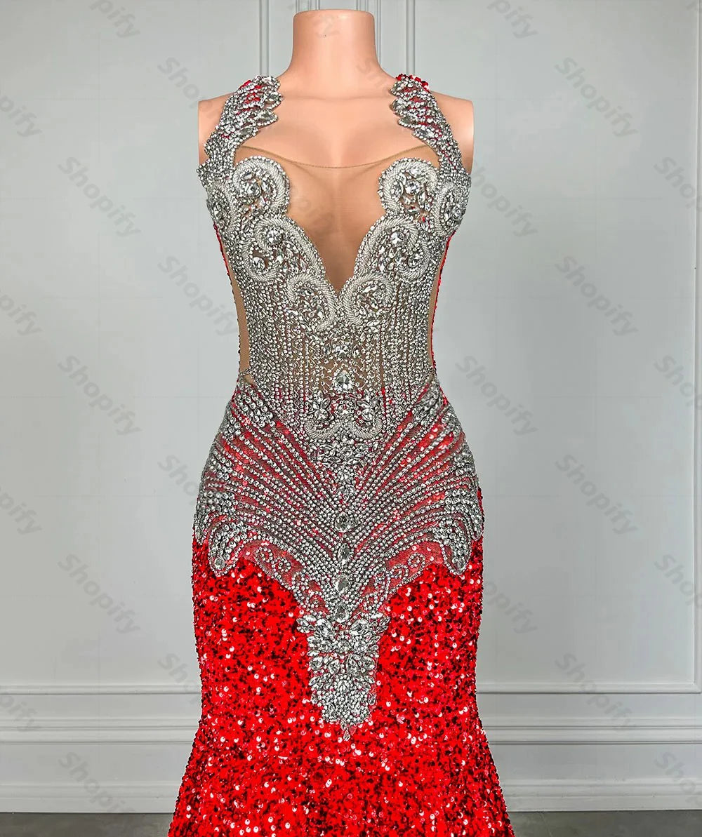 Sparkly Red Sequin Mermaid Luxury Silver Crystal Beaded Sheer Neck Long Prom Gowns
