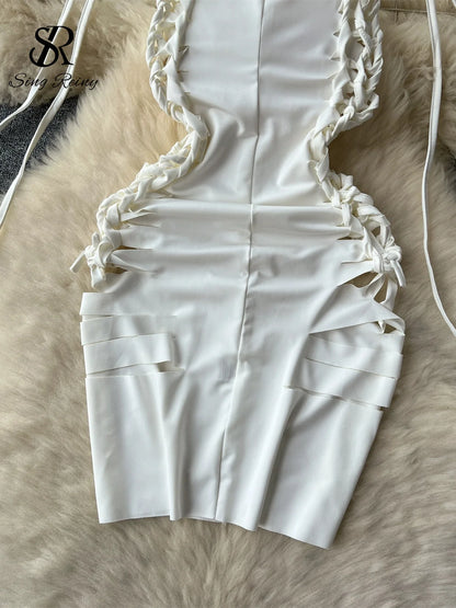 Slim Dress Lace Up Cross Bandage Design Backless Hollow Out Mini Dress