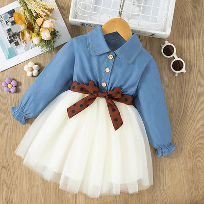 Spring Long Sleeved Dress Girl Denim Blue Dress Fake Two Pieces Tutu Dress For Kids Send Bow Belt