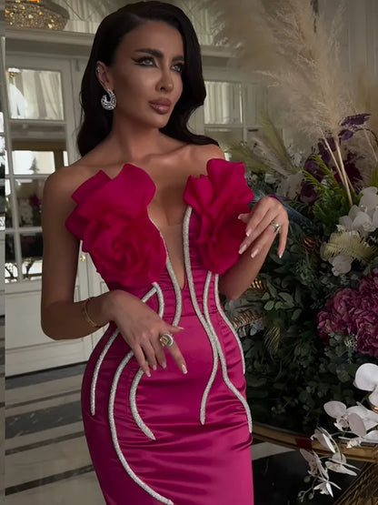 Women Celebrity Sexy Strapless Backless Beading Diamonds Pink Maxi Long Bandage Dress