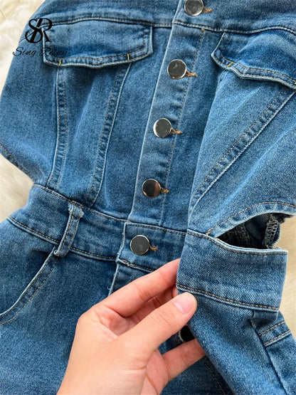 SINGREINY Chic Denim Dress High Quality Sleeveless Buttons Pockets Raw Split Design Women Summer Vintage Strap Dress