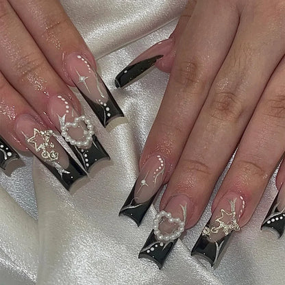 24Pcs Simple Blue French Fake Nails with Diamond Love Pattern Design False Nails Press on Mid-length Ballet Full Cover Nail Tips