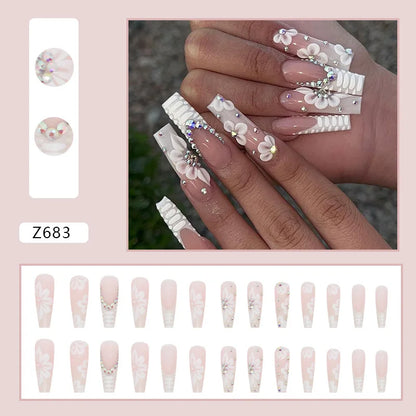 24pcs Artifical Fake Nails Long Coffin French Ballerina Wearable False Nail Tips Finished Rhinstones Flower Design Press on Nail
