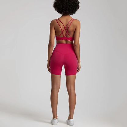 Naked Feel Gym Set Women Clothes High Waist Yoga Shorts and Strappy Sports Bra
