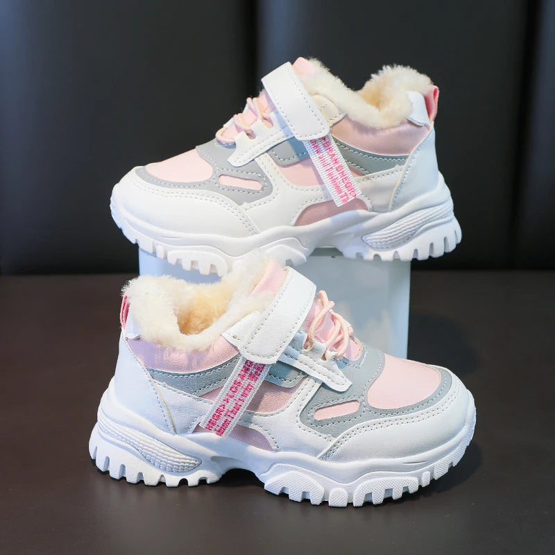 Girls Running Shoes Thick Soft Sole Students Sneakers with Fur Winter New Children Sports Shoes Non-slip Hook&loop Trendy