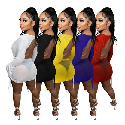 Y2k Backless Deep V Mini Lace Dress Long Sleeve Two Piece