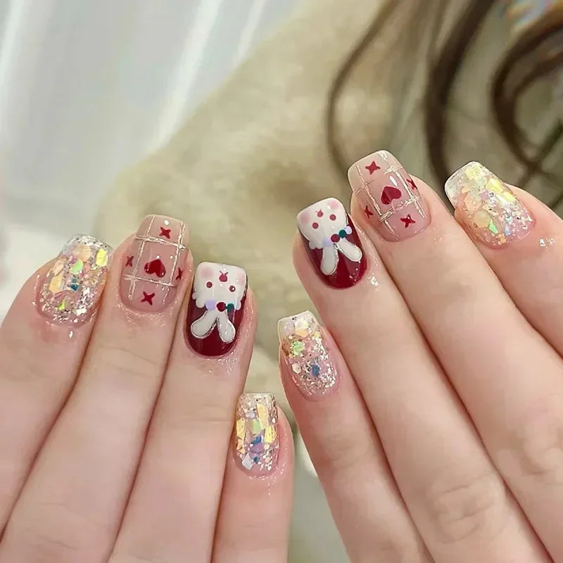 24pcs Detachable Short Press on Nails Y2k rhinestone False Nails with Glue Ballet Sweet Cool Girls Artificial False Nails Tips