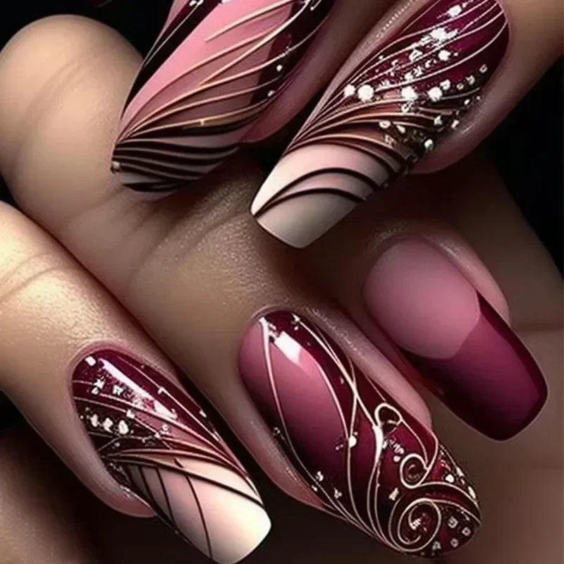 24Pcs Red Heart False Nails Long Luxury with French Design Rhinestone Wearable Fake Nail Simple Decoration Press on Nail Tips