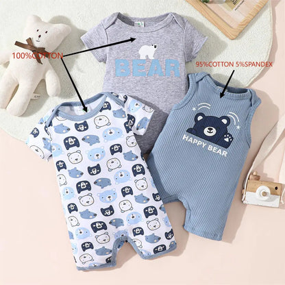 3PCS Boys and Girls Baby Summer and Autumn Short sleeved Climbing jumpsuit Cute Pattern Cotton Soft and Sweat-absorbing