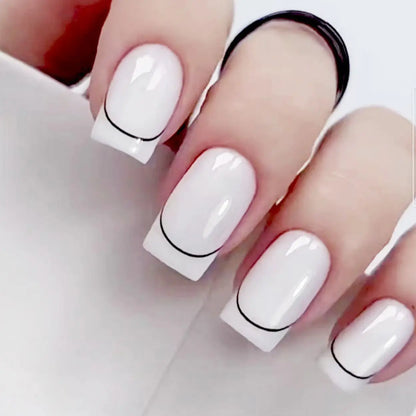 24Pcs Short Square Nude Fake Nails Art White Edge Glossy Artificial French False Nails Removable Full Cover Press on Nail Tips