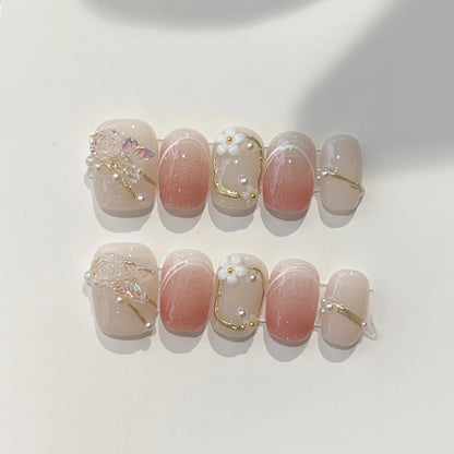 10Pcs Short Round Handmade Press On Nails Full Cover Peach Pink