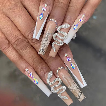 24pcs Artifical Fake Nails Long Coffin French Ballerina Wearable False Nail Tips Finished Rhinstones Flower Design Press on Nail