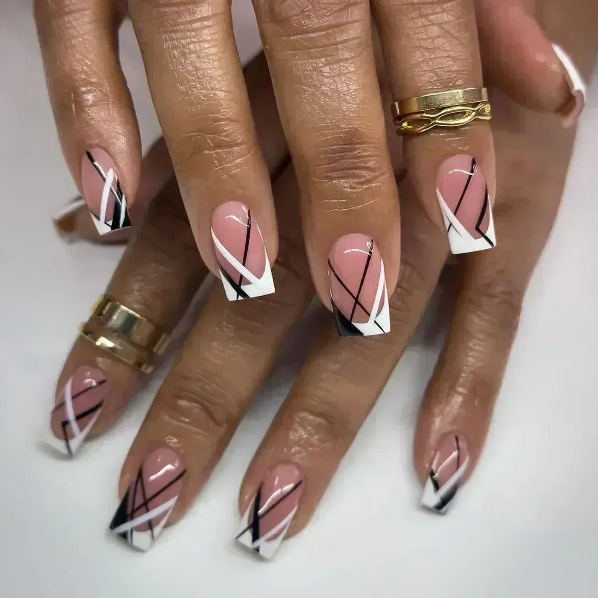 24Pcs Short Square French False Nails with Flower Shiny White Edge Design Pink Glitter Fake Nails Full Cover Press on Nails Tips