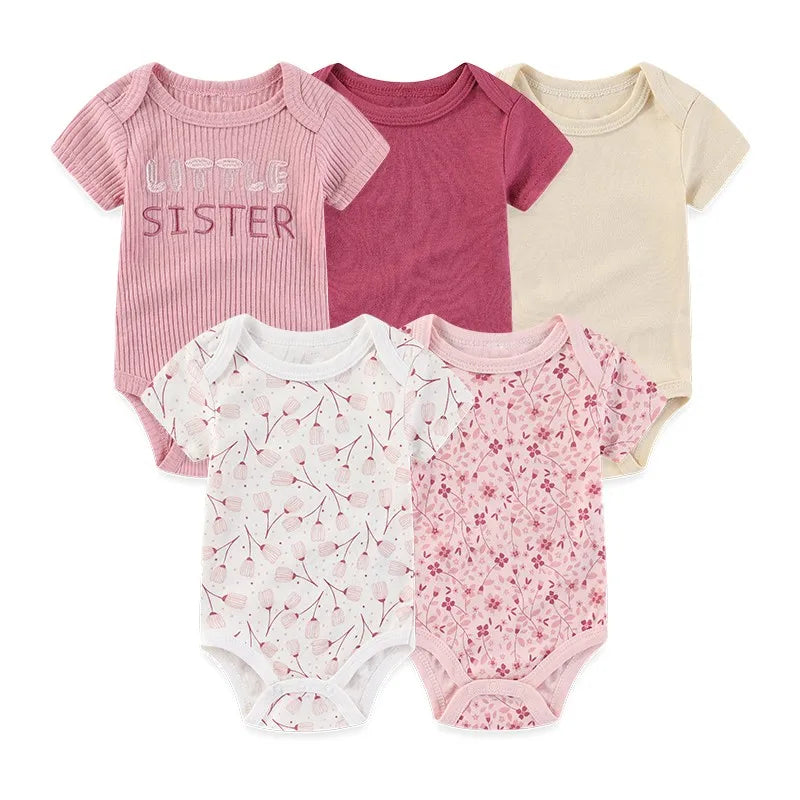 4/5PCS Cotton Bodysuits Print Newborn Baby Girl Clothes Short Sleeve Cartoon Baby Boy Clothes Set Solid Color Summer Bebes