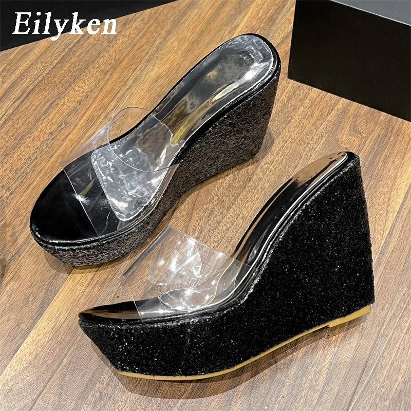 2025 PVC Transparent Platform Wedges Slippers Women Street Style High Heels Shoes