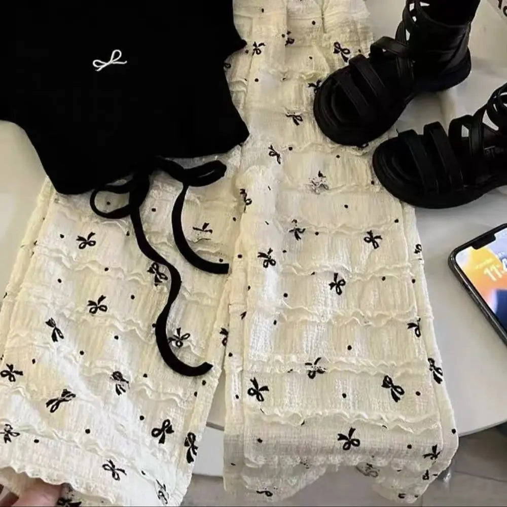 Kids Girls Bow T-shirts+Loose Pants 2Pcs Summer Children Clothes Sets Short Sleeve Backless T-shirt Bowknot Pants Girls Suit