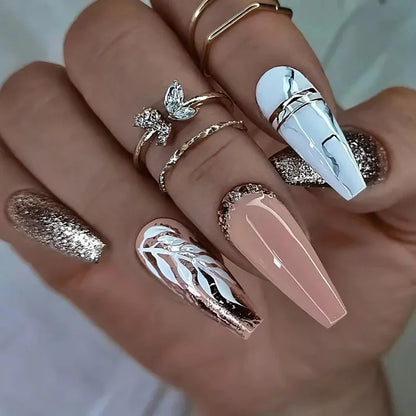 24pcs Artifical Bails With Glue Fake Nail Tips With Design Detachable Press On Nails Long Fake Nail Finished Nail Piece Sticker