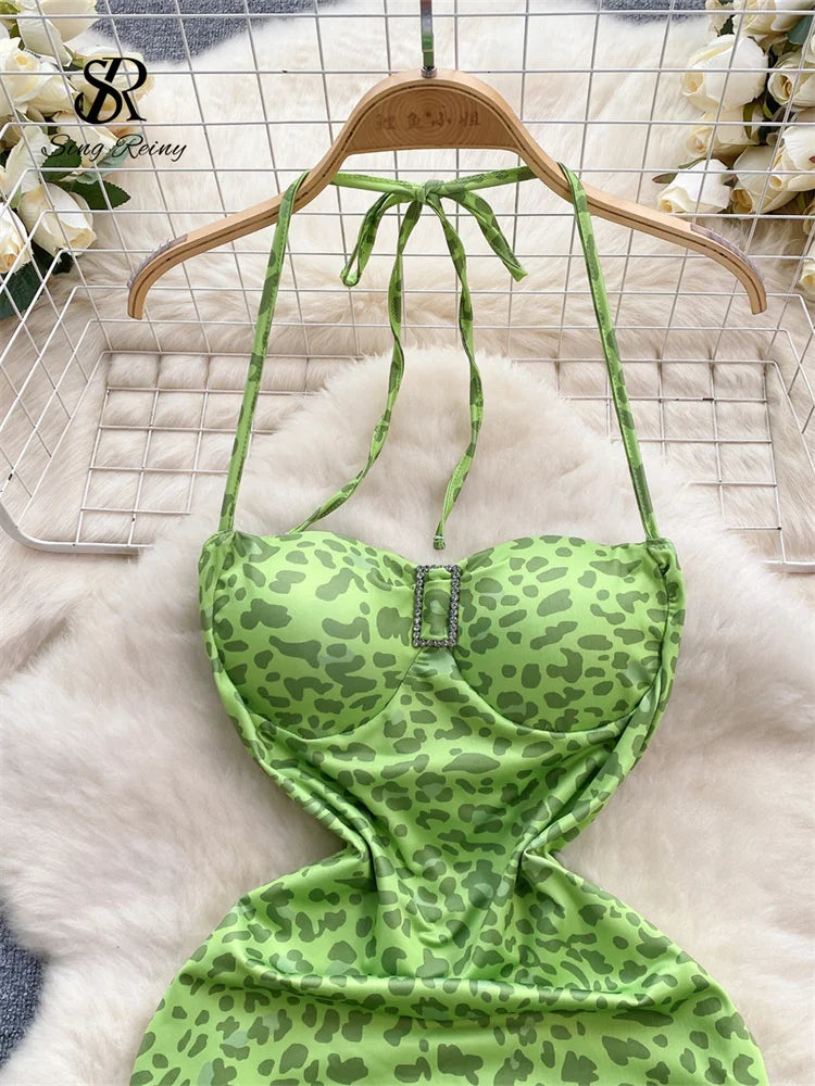 SINGREINY Leopard Irregular Halter Sundress Sleeveless Backless Slim Fit Bodycon Dress