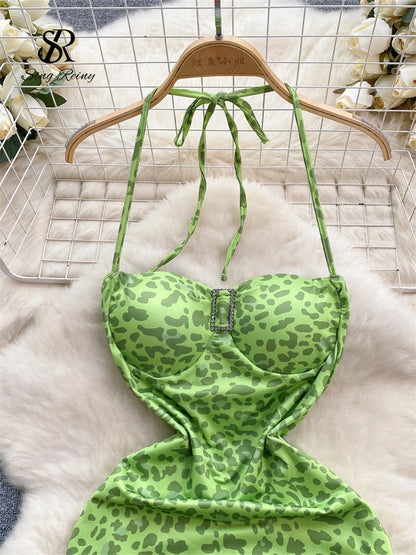 SINGREINY Leopard Irregular Halter Sundress Sleeveless Backless Slim Fit Bodycon Dress