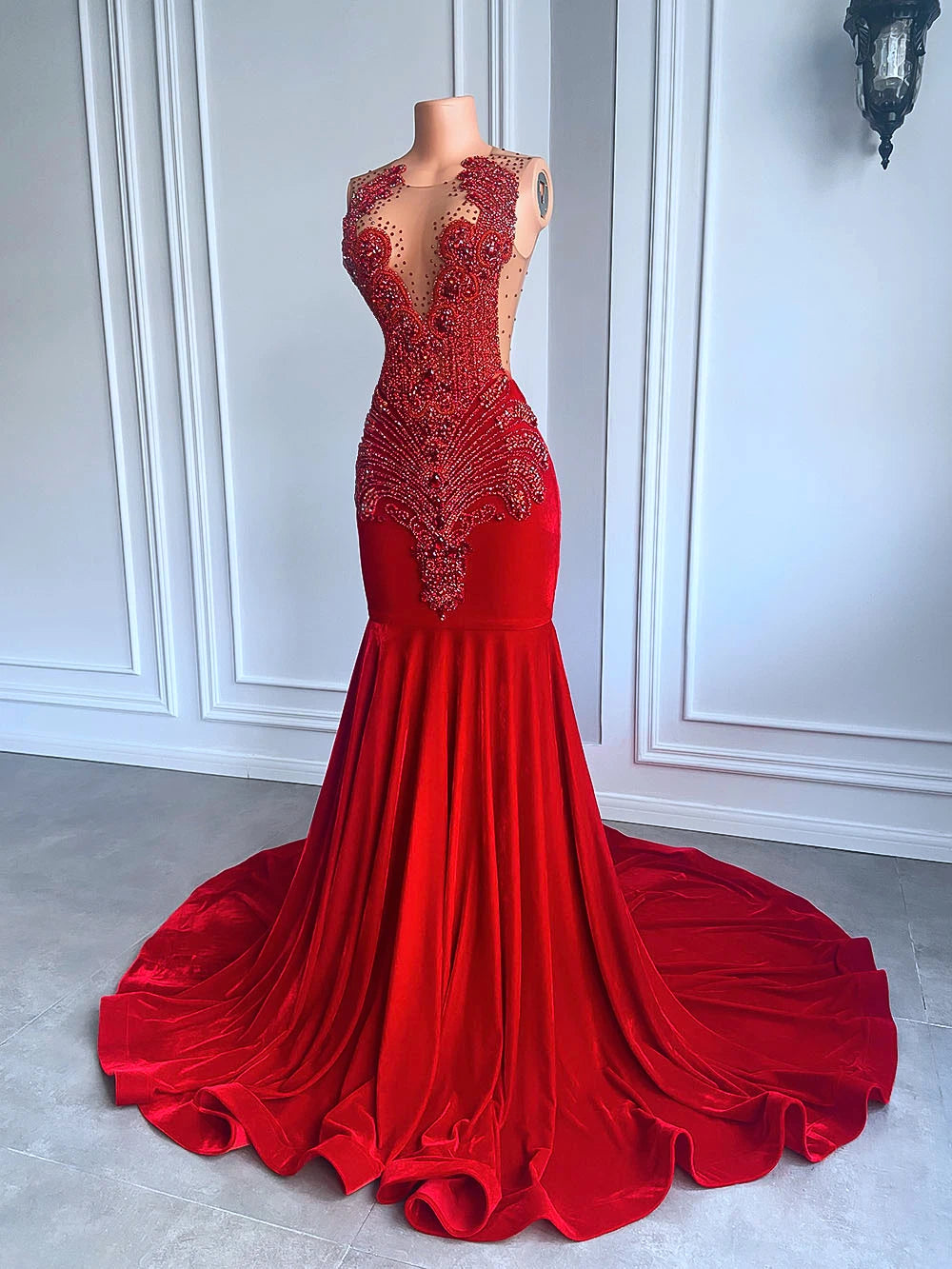 Long Prom Dresses Luxury Sparkly Beaded Diamond Sexy Mermaid Sheer Top Red Velvet Prom Gala Gowns