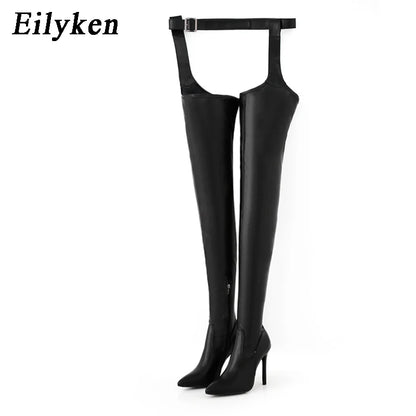 Eilyken Sexy Waist Buckle Strap Thin High Heels Women Boots Over The Knee Booties Pointed Toe Female Winter Shoes