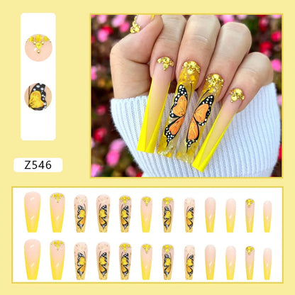 24pcs Artifical Fake Nails Long Coffin French Ballerina Wearable False Nail Tips Finished Rhinstones Flower Design Press on Nail