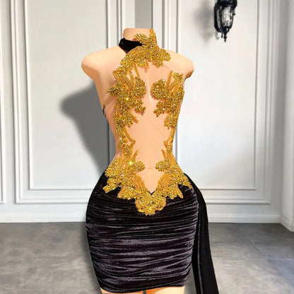 Sexy Women Cocktail Gowns High Neck Luxury Gold Crystals Velvet Mini
