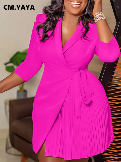 Women Lace Wrap Notched Neck Pleated Blazer Style Dress