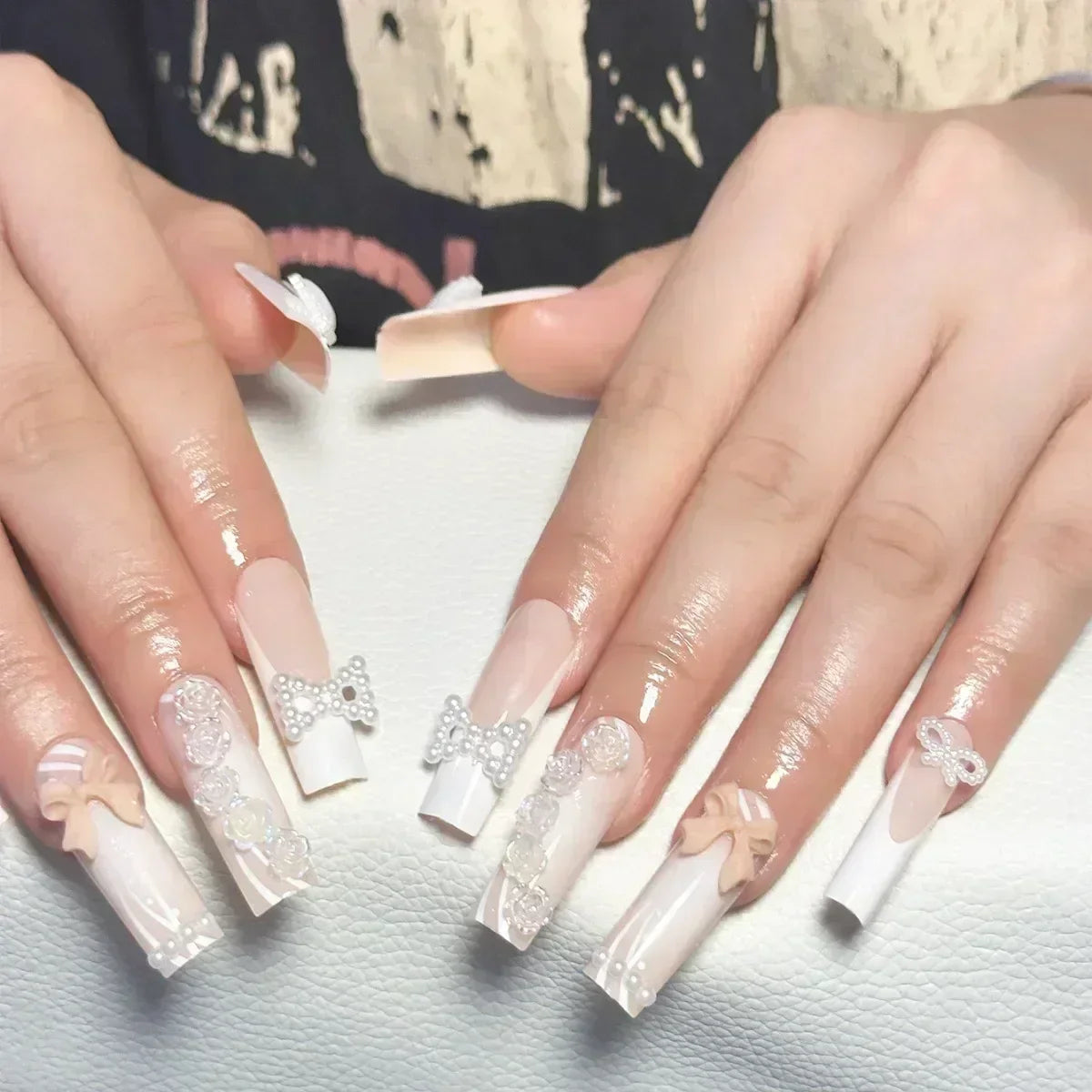 24Pcs Long Ballerina False Nails Press on Nails Serpentine Flower with Rhinestones French Fake Nails Wearable White Nail Tips