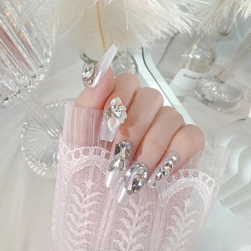 24pcs Luxury Mid-Long Ballet False Nails Set Glittering Rhinestone+Handmade Flowers Press-on Fake Nail Glossy Patch For Bridal