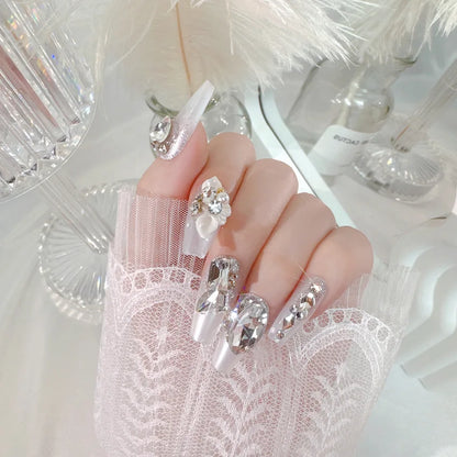 24pcs Luxury Mid-Long Ballet False Nails Set Glittering Rhinestone+Handmade Flowers Press-on Fake Nail Glossy Patch For Bridal