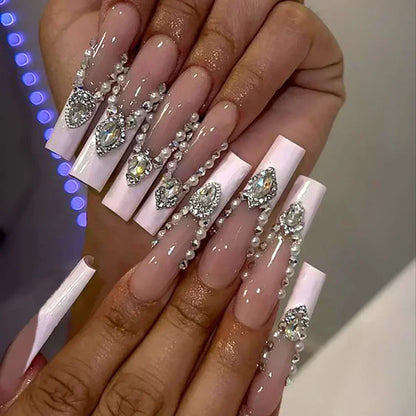 24Pcs Full Cover False Nails with Glue Long Square Coffin Fake Nails French Detachable Ballet Love Pattern Design Press on Nails