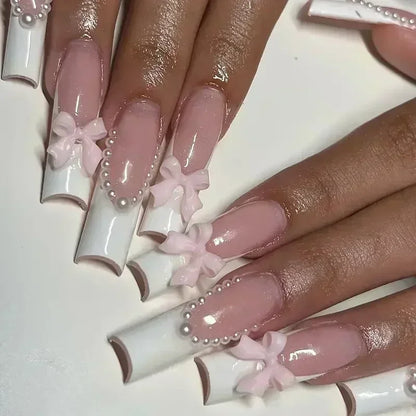 24Pcs Long Ballerina False Nails Press on Nails Serpentine Flower with Rhinestones French Fake Nails Wearable White Nail Tips