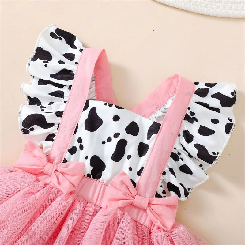 Newborn Baby Girl Pink Cow Print Ruffle Tutu Tulle Romper Dress Princess Birthday Western Cowgirl Summer Outfit