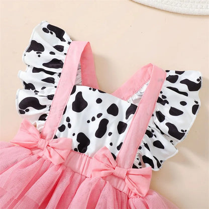 Newborn Baby Girl Pink Cow Print Ruffle Tutu Tulle Romper Dress Princess Birthday Western Cowgirl Summer Outfit